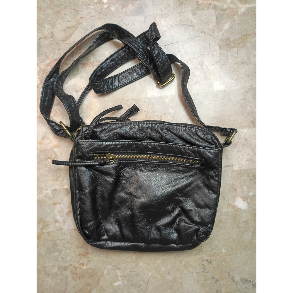 Bueno Black Pebbled Faux Leather Crossbody Bag Antique Brass Hardware